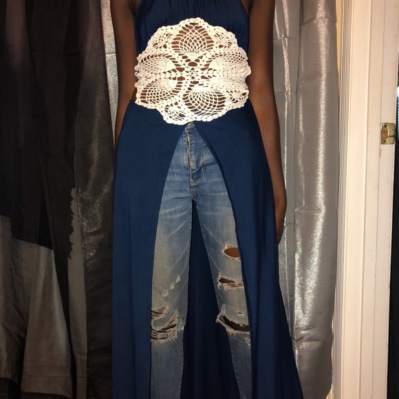 Classic Navy Flower Slit Dress *SOLD* - Picture 1 of 4